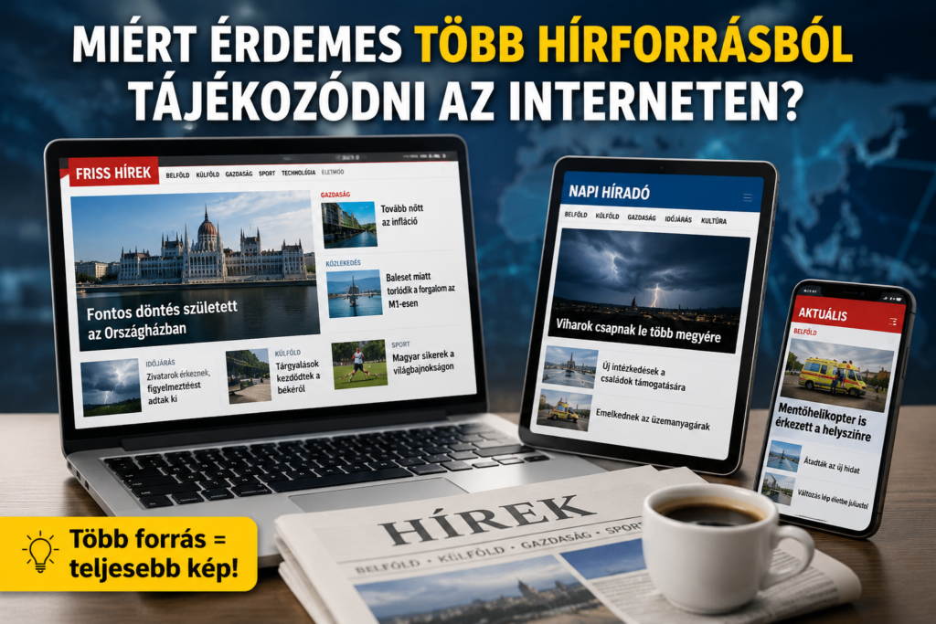 Több hírforrásból történő online tájékozódás laptopon, tableten és telefonon